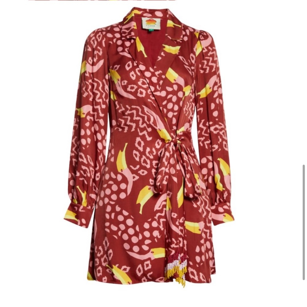 Farm Rio Toucanissimo Mini Dress NWT XS Burgundy Puff Sleeve Boho Style - Picture 5 of 10